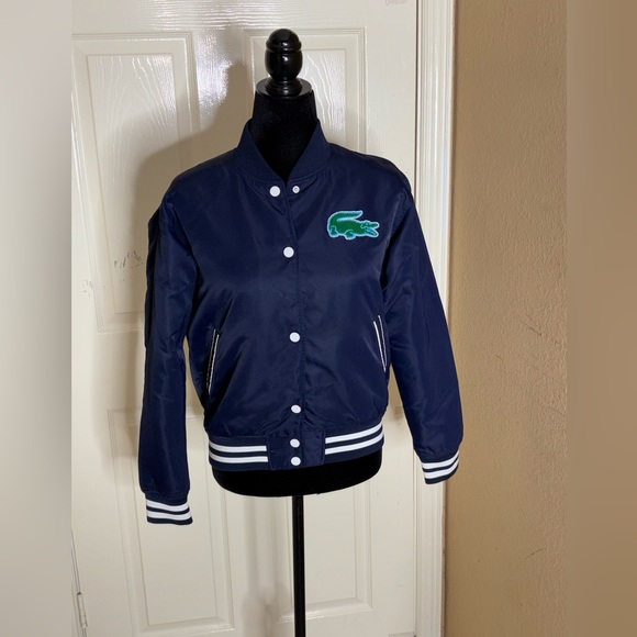 NWOT Women’s Lacoste Varsity Bomber Patch Stripe Jacket Preppy Heritage Sport XS - Picture 7 of 15